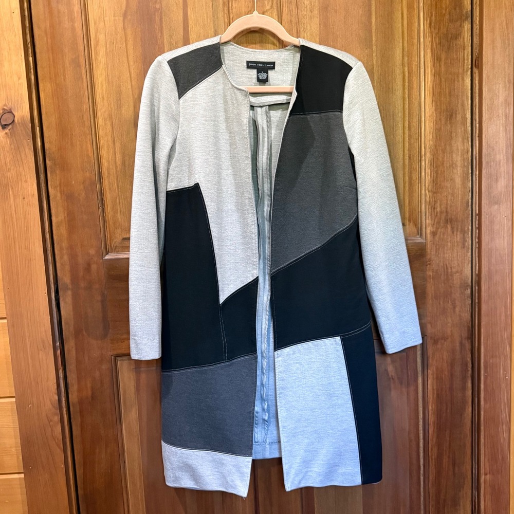 Joan Vass New York Womens Colorblock Patchwork Open Front Cardigan Grey Black L
